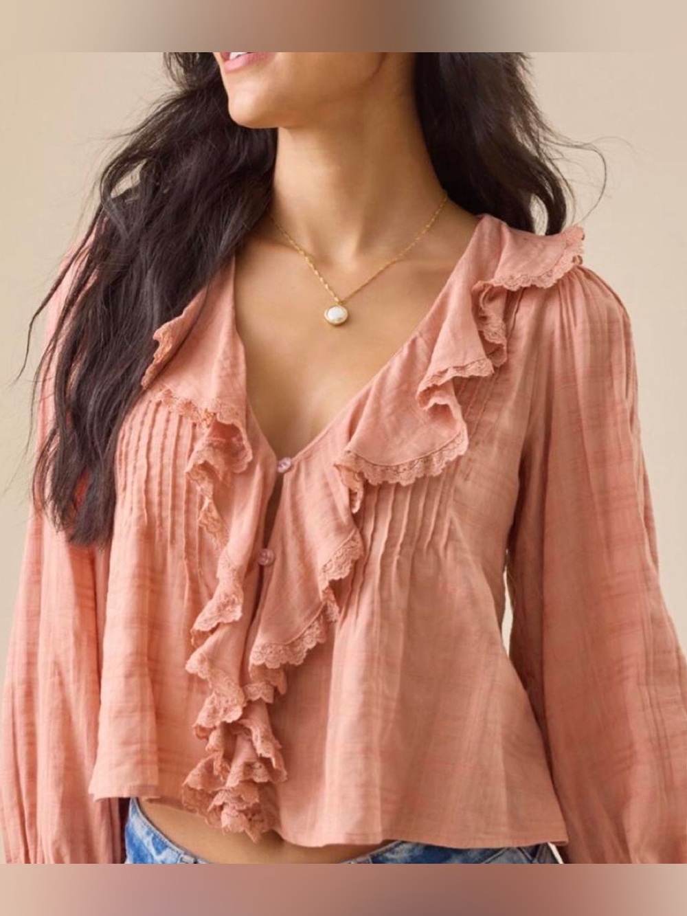 Altar'd State Salmon Pink Ruffle Button-Front Blouse Long Sleeves Medium